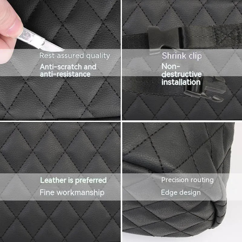 Black leather hanging storage bag for car interior organisation