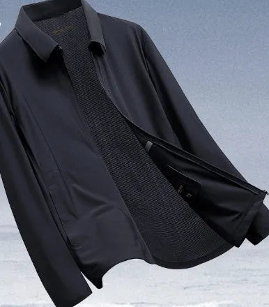 Lightweight navy blue summer business coat with SPF protection on a hanger, showing regular fit.
