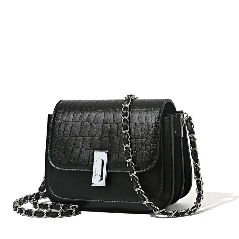 Soft PU women's chain shoulder bag with square shape, sandwich pocket design and mobile phone compartment