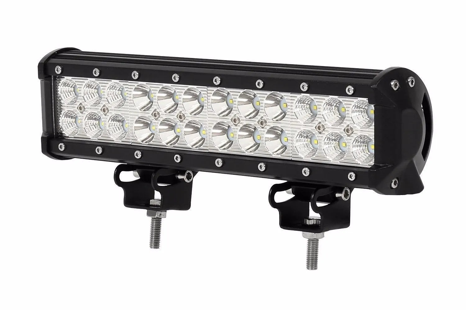 Black aluminium alloy double row LED off-road roof light with PMMA lens and mounting bracket.