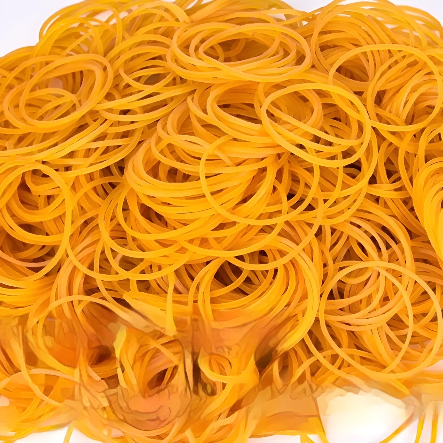 500g pack of assorted yellow rubber bands showing sizes from 16mm to 70mm diameter.