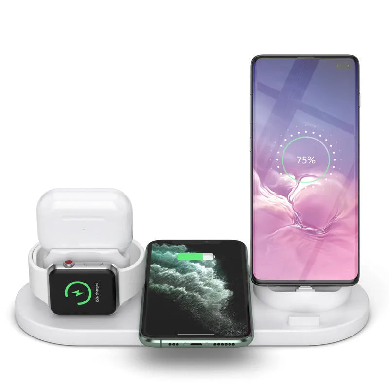 Black and white wireless charging station with phone stand, AirPods charging spot, and iWatch charger
