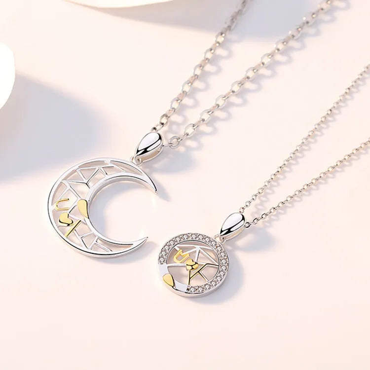 Sun moon couple necklace set with copper pendants and cross chain design