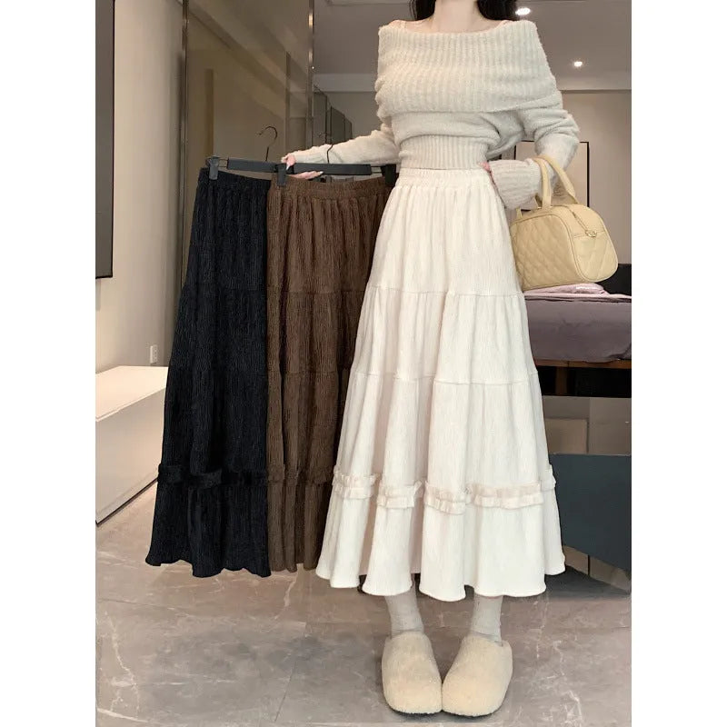 Corduroy A-line midi skirt with elastic waistband in milky white colour showing Korean style design