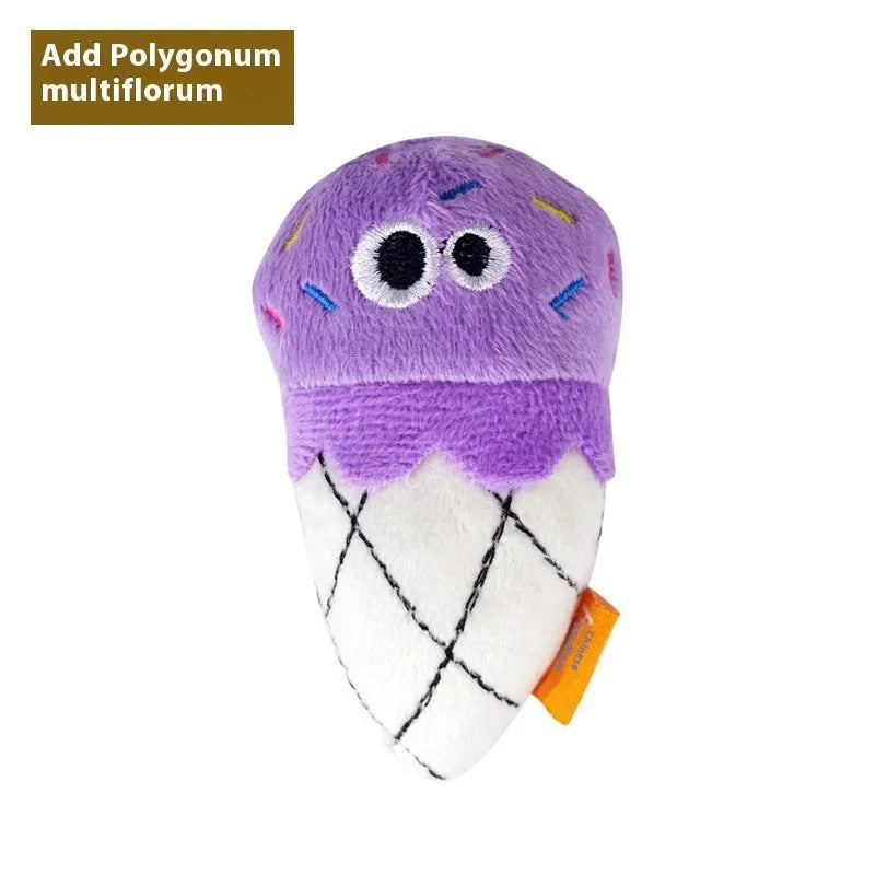 Set of six polygonum multiflorum wood cat dental toys in burrito, cone, cucumber, mushroom, pineapple, and pizza shapes with catnip plush companions