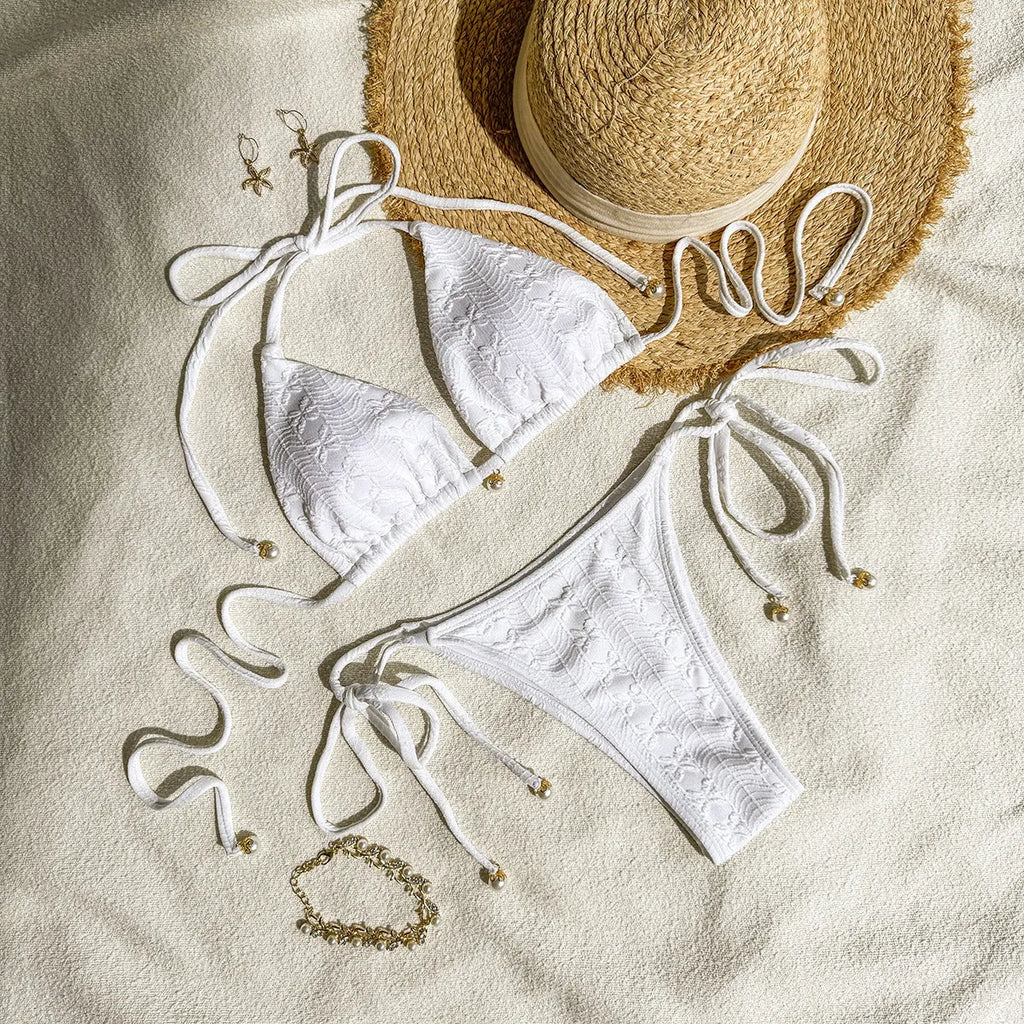 Women's halter lace-up bikini set in polyester, available in Milky White, Green, and White, sizes S to XL