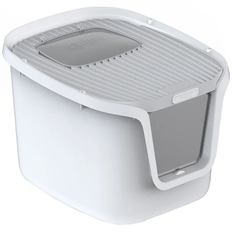 Fully enclosed splash-proof cat litter basin in grey with rolling tail top-in design and included accessories