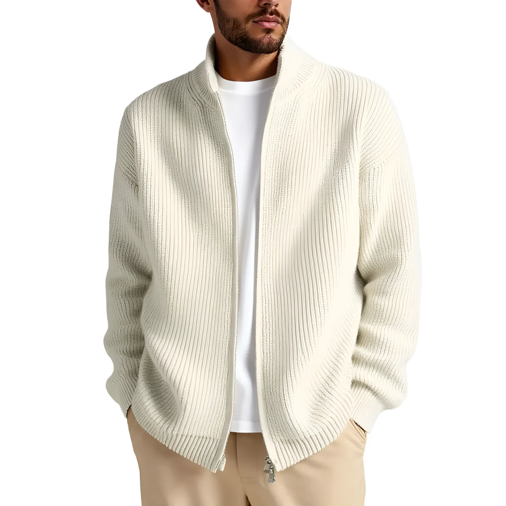 Men's loose grey cardigan sweater coat on hanger showing acrylic blend fabric texture