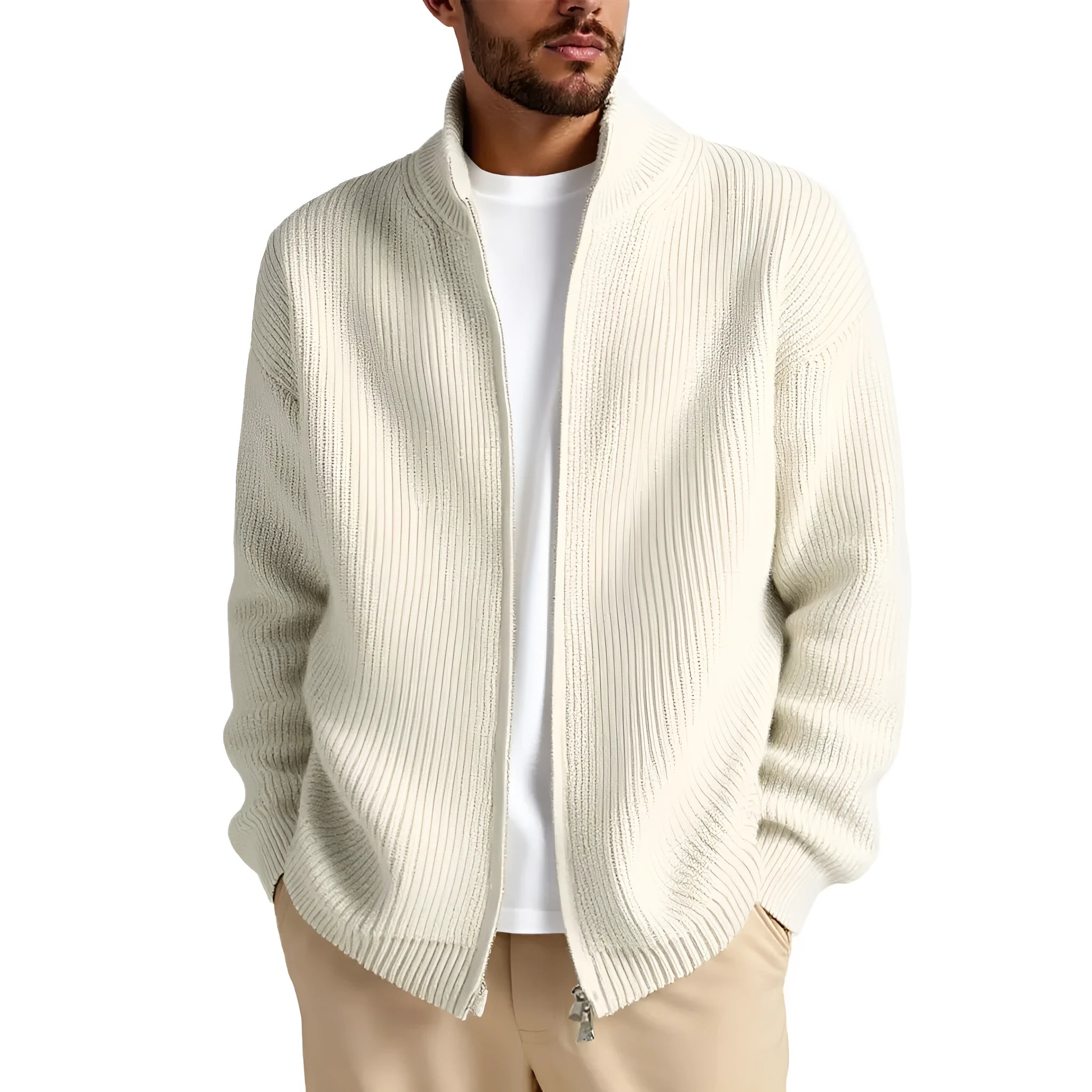 Men's loose grey cardigan sweater coat on hanger showing acrylic blend fabric texture
