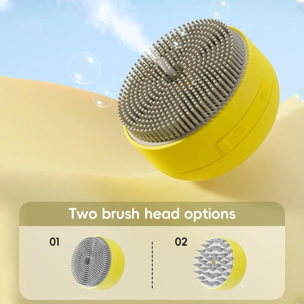 Green rechargeable cat and dog steam brush with soft silicone bristles on a white background.