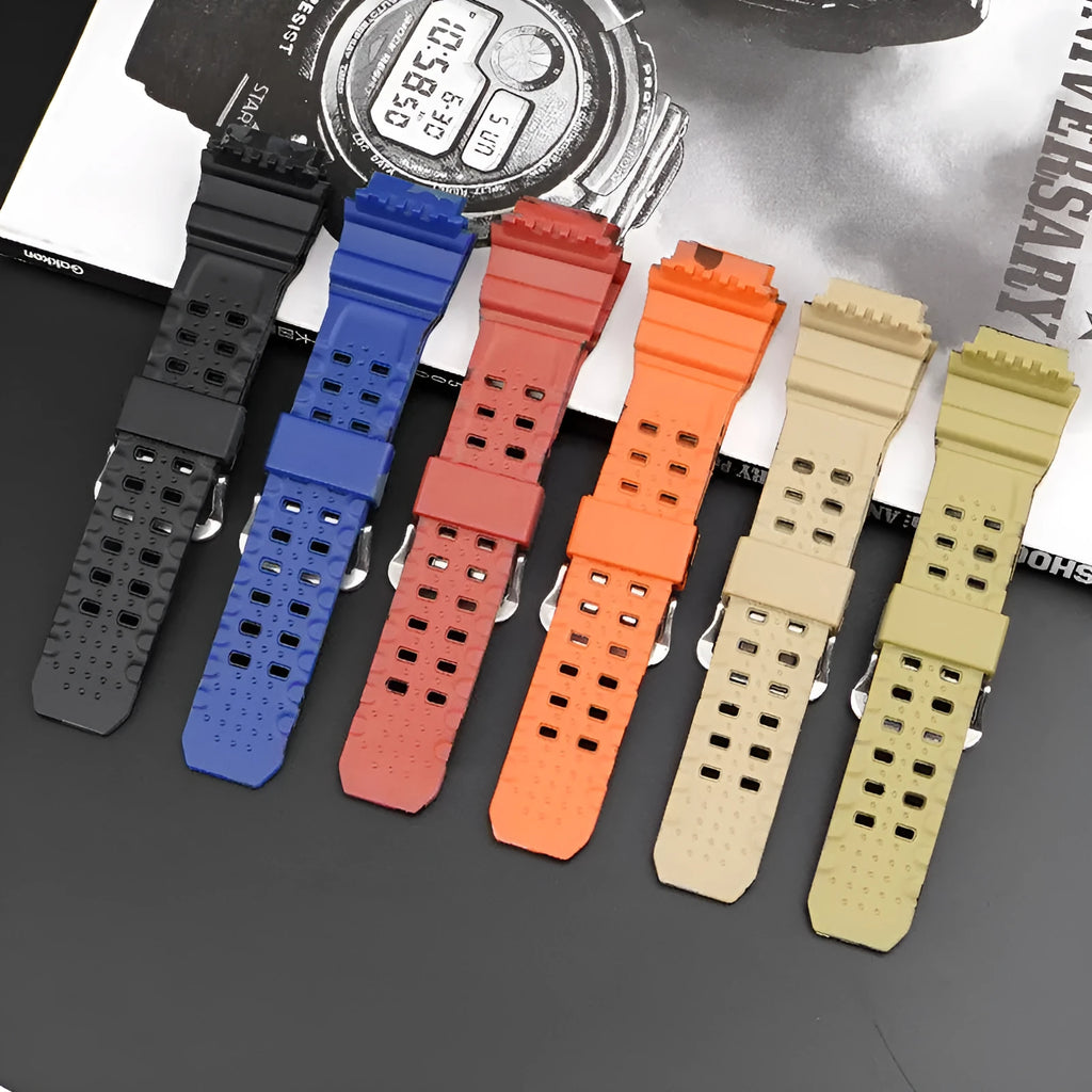 Camouflage patterned TPU resin watch strap with silver buckle on a grey background
