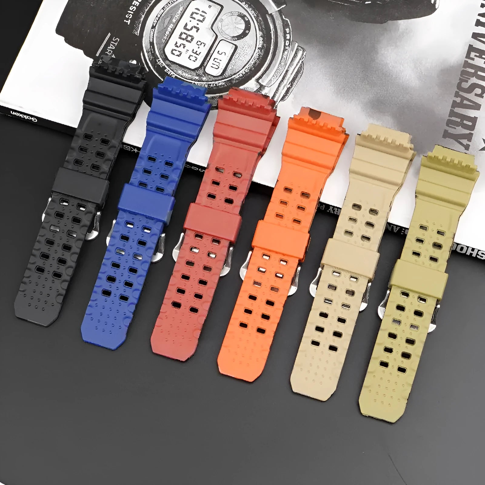 Camouflage patterned TPU resin watch strap with silver buckle on a grey background
