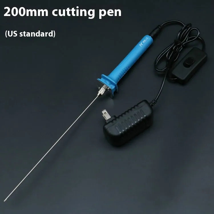Blue electric heating cutter pen for cutting foam and polystyrene boards on a work surface