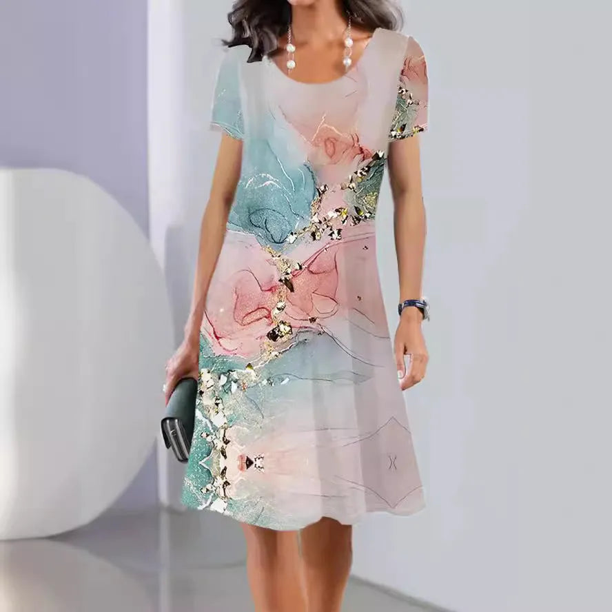 Fresh sweet style A-line mid-length dress with painted plants and flowers pattern on ice silk fabric