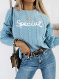Blue crew neck pullover sweater with embroidered letters and numbers design