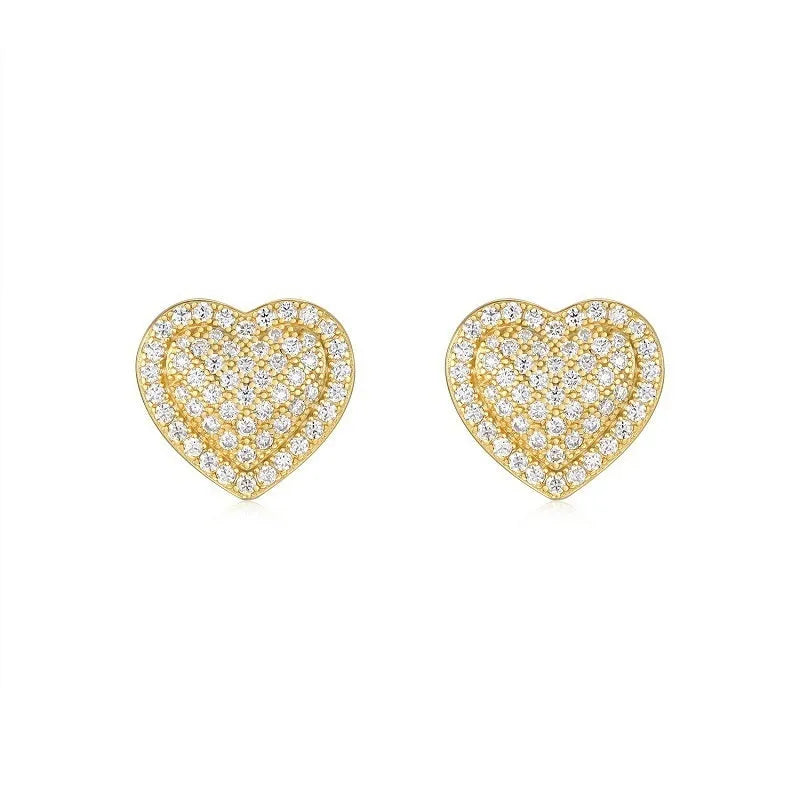 Gold plated heart shaped moissanite stud earrings with sterling silver posts