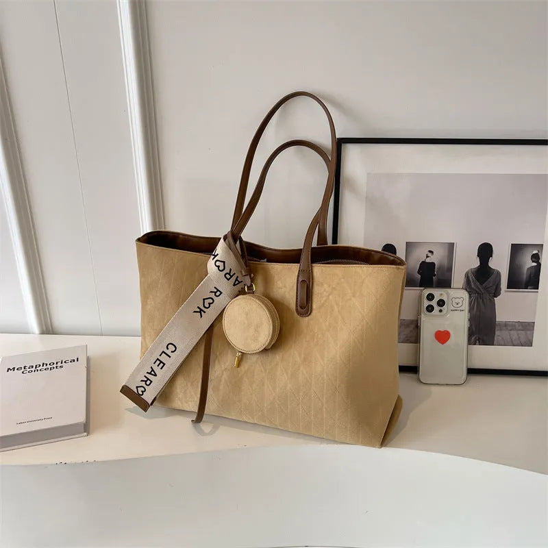 Women's large casual shoulder tote bag in horizontal square design with soft polyester construction