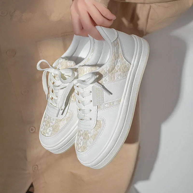 Beige platform sports board shoes with plaid pattern, mesh lining, and rubber sole