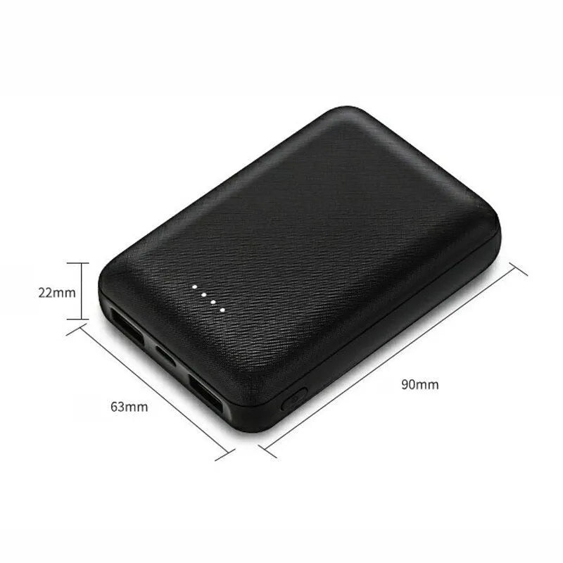 Black and white ultra-thin 10,000mAh power bank showing compact 90x63x22mm dimensions
