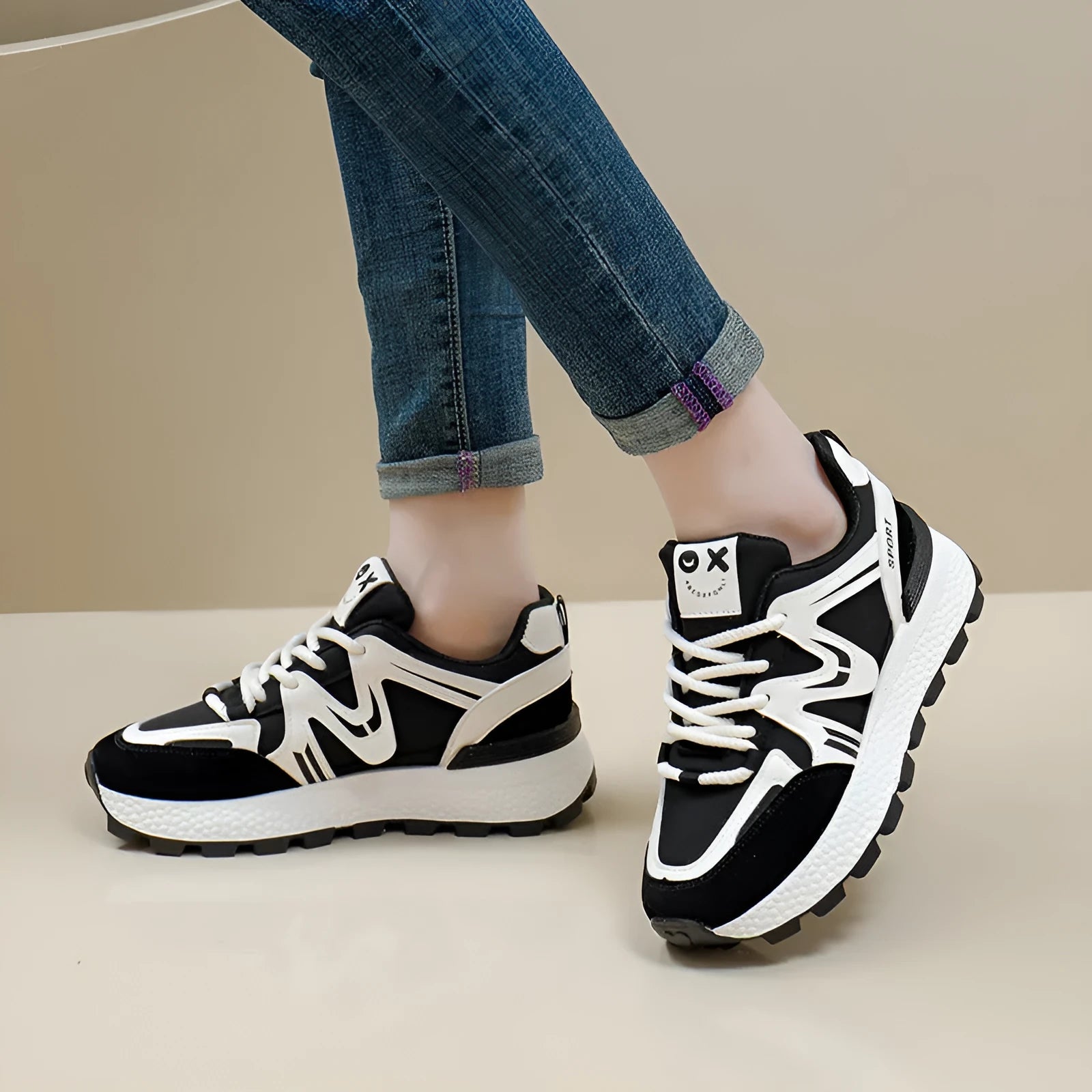 Women's black sports casual shoes with platform flat heel and lace-up front