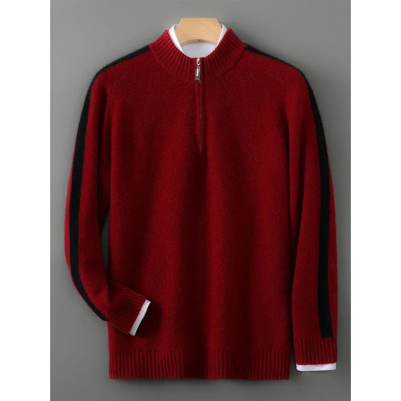 Sheep wool half-zip knitted sweater in slim fit design showing round neck and regular sleeves