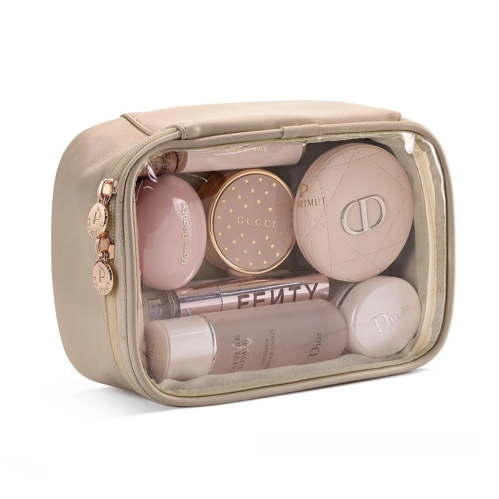 Transparent PVC leather cosmetic bag showing interior organisation and dry wet separation compartments.