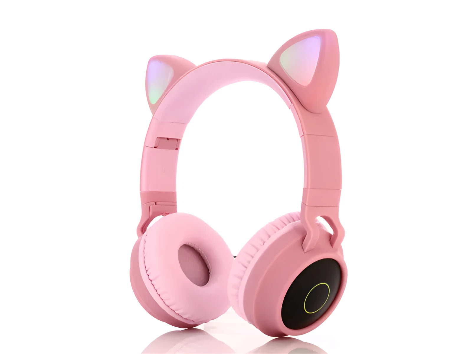 Cartoon-style pink wireless Bluetooth headset with cat ears on headband