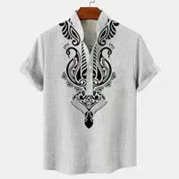 Men's loose fit casual shirt with stripe pattern in polyester fabric showing colour and sizing options
