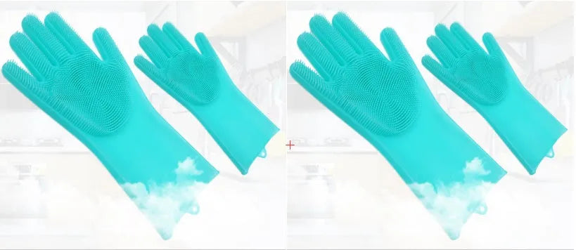 Blue silicone scrubbing gloves showing textured palm and finger surfaces for cleaning