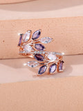 Adjustable copper ring with horse eye zircon stone and leaf design in multiple colour finishes