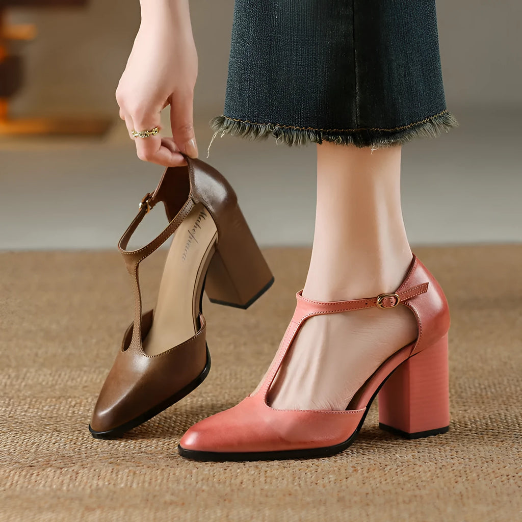 Women's dark brown retro pointed toe Mary Jane shoes with Baotou hollow design and a buckle strap.