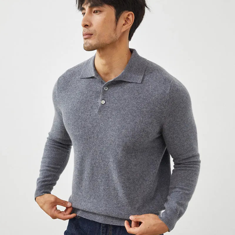 Men's sapphire blue cashmere short-sleeve pullover sweater with a polo collar.