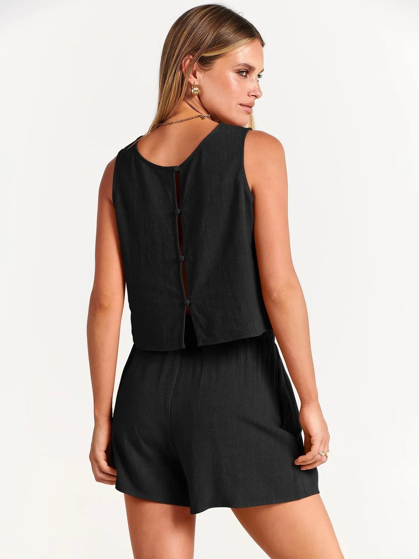 Women's summer two-piece set with sleeveless top and drawstring shorts in rayon-linen fabric