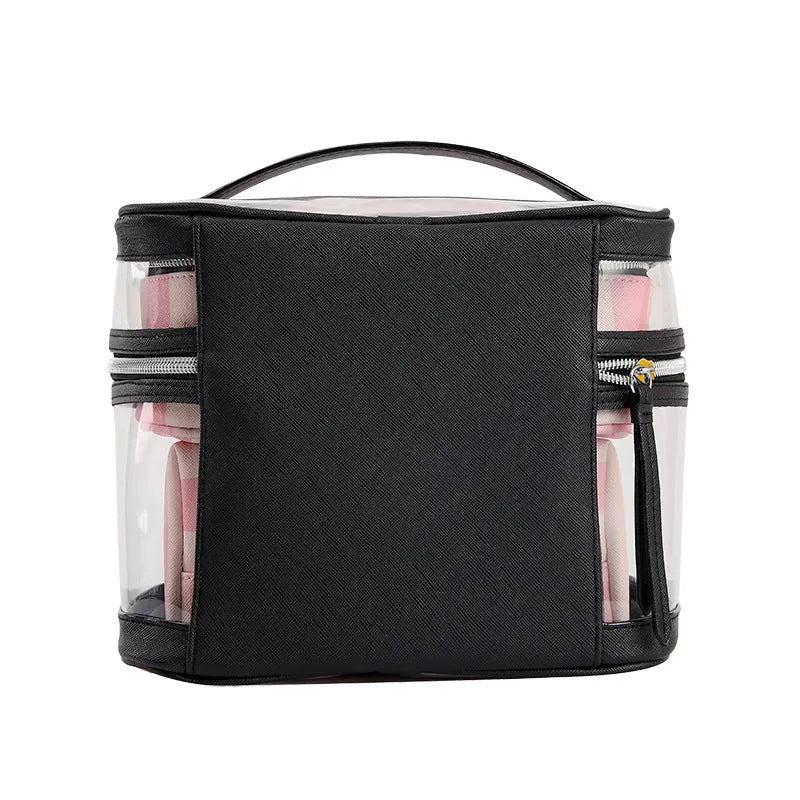 Pink bold stripes pattern professional makeup bag with floral elements and synthetic leather construction