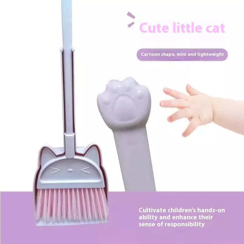 Purple plastic broom and dustpan set with long handle and rotating brush holder