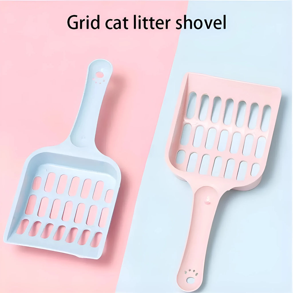 Blue plastic cat litter scoop showing 20cm length and built-in sand shovel.