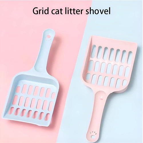 Blue plastic cat litter scoop showing 20cm length and built-in sand shovel.
