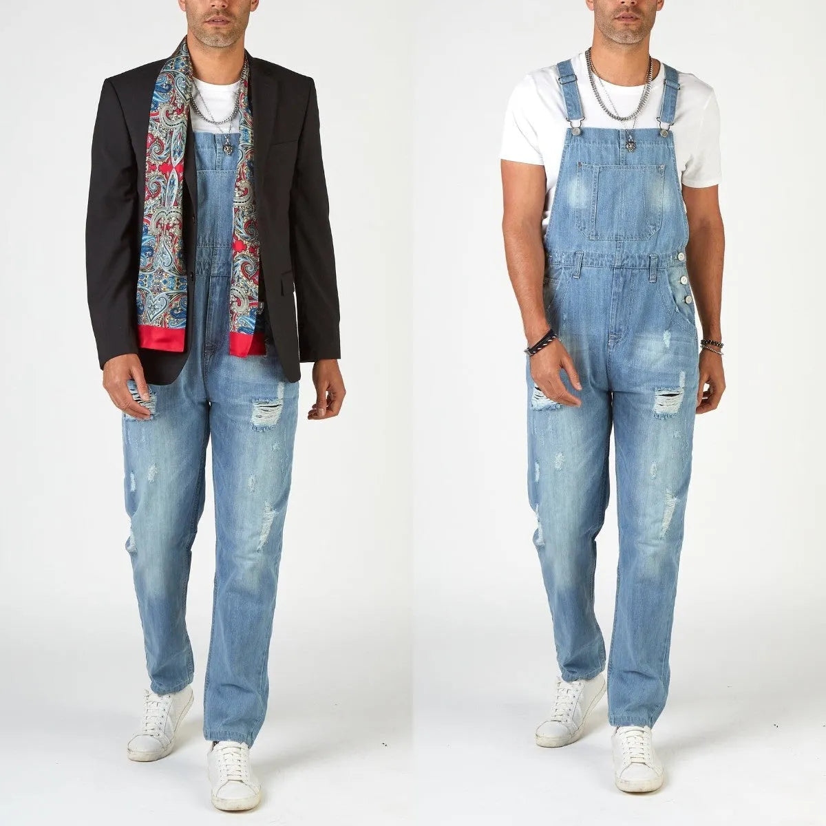 Light blue men's jeans with rips, high waist, built-in suspenders, and straight legs on a size chart.