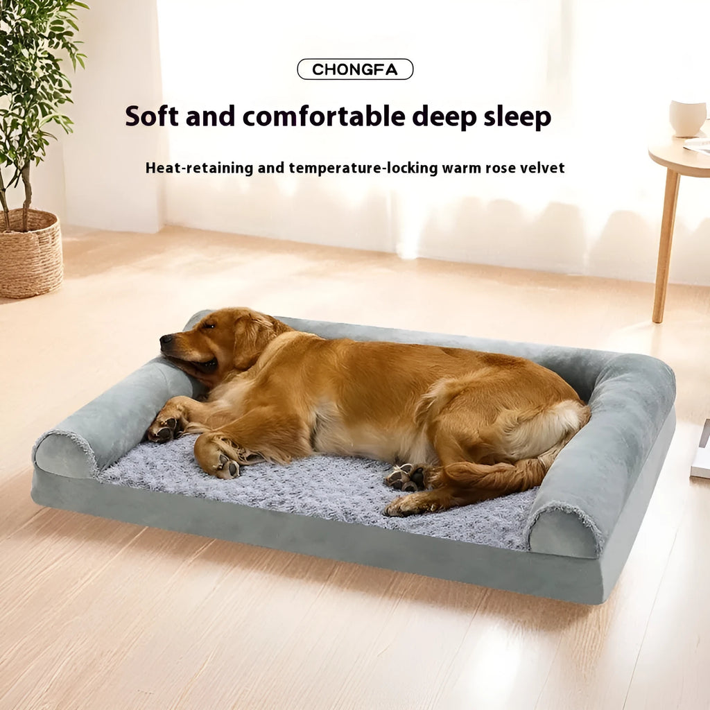 Light grey cloth dog kennel with fleece lining for a large dog, showing removable cover.