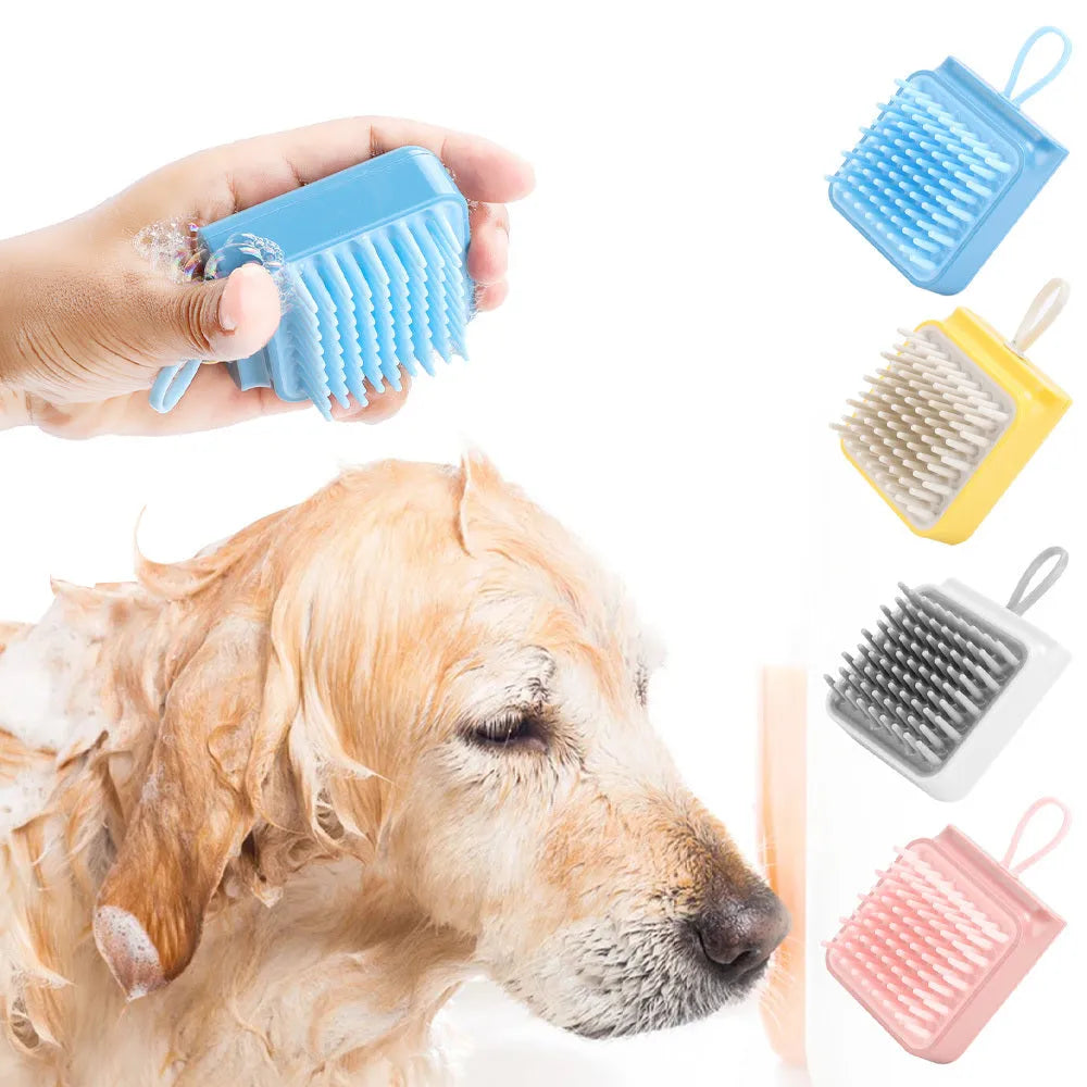 Pet bath massage brush with soft TPR bristles and ergonomic handle in white, blue, pink, yellow colours