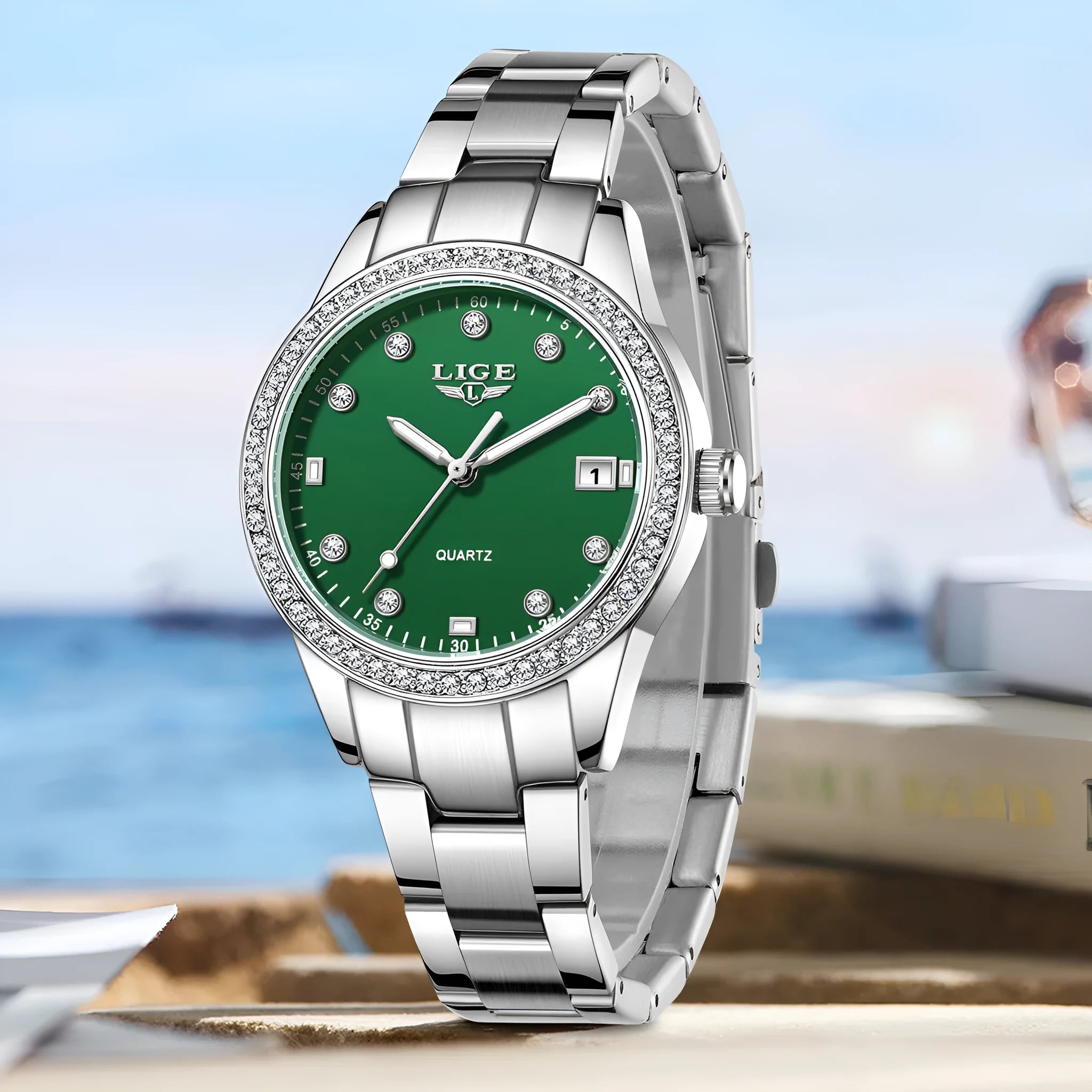 Silver fashion watch with diamond dial, luminous hands, and stainless steel case.