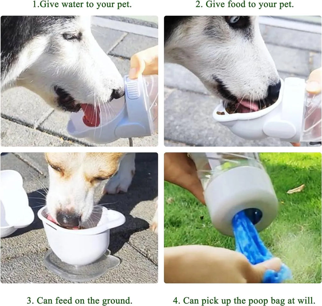 Green 3-in-1 portable pet water bottle with food container and waste bag dispenser showing rotary switch
