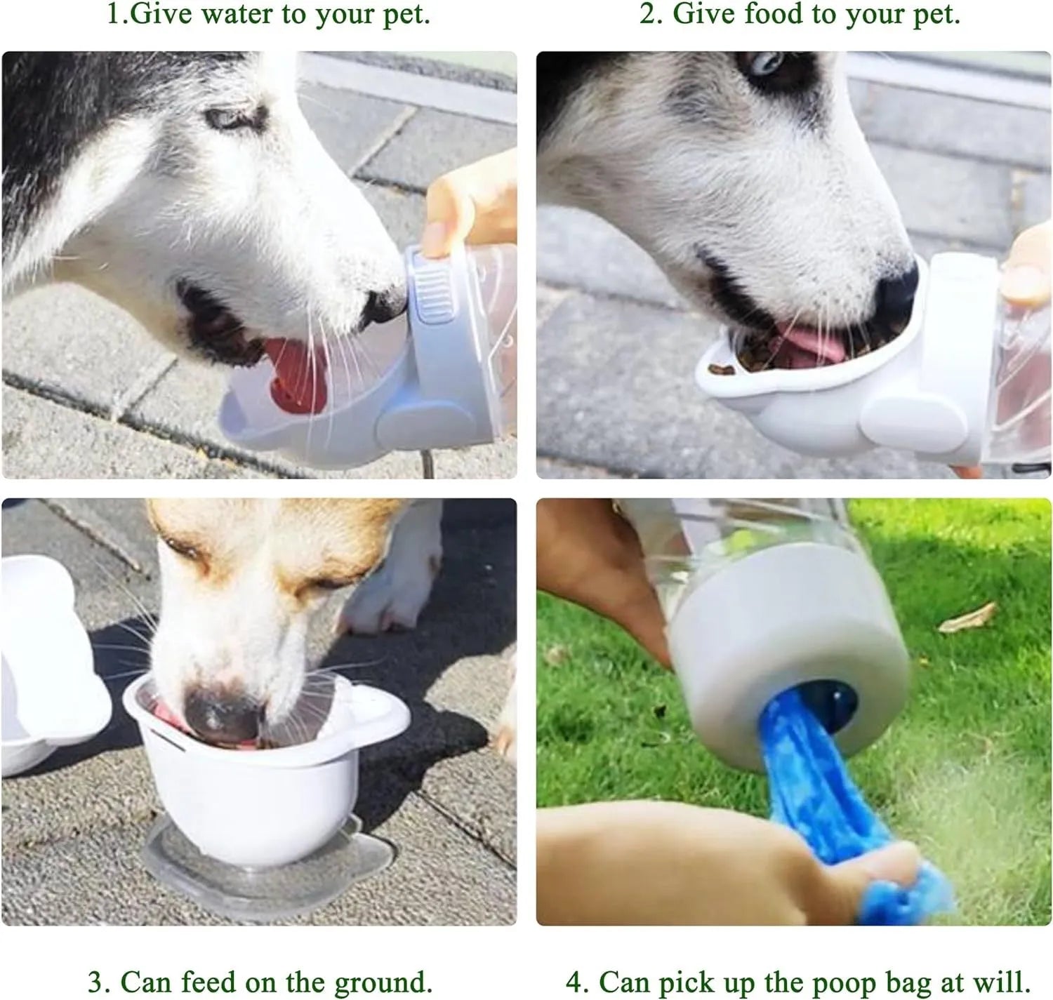 Green 3-in-1 portable pet water bottle with food container and waste bag dispenser showing rotary switch