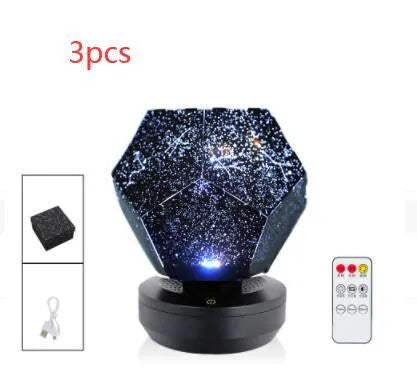 LED star projector night light showing constellation projection on a bedroom ceiling with remote control.