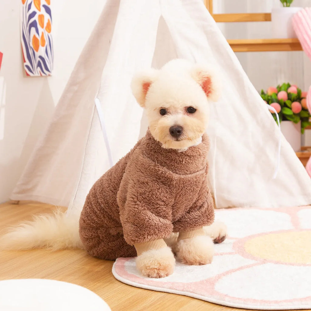 Four-legged dog clothes in plush cotton velvet with high collar and towing ring