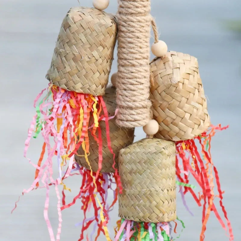 Colourful shredded paper hanging bird toy for parrots with wooden frame and sisal rope