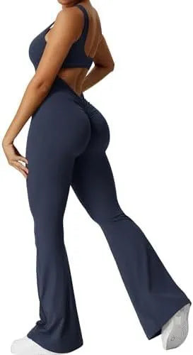 Women's sleeveless flare jumpsuit for yoga and fitness in high-elasticity polyester fabric.
