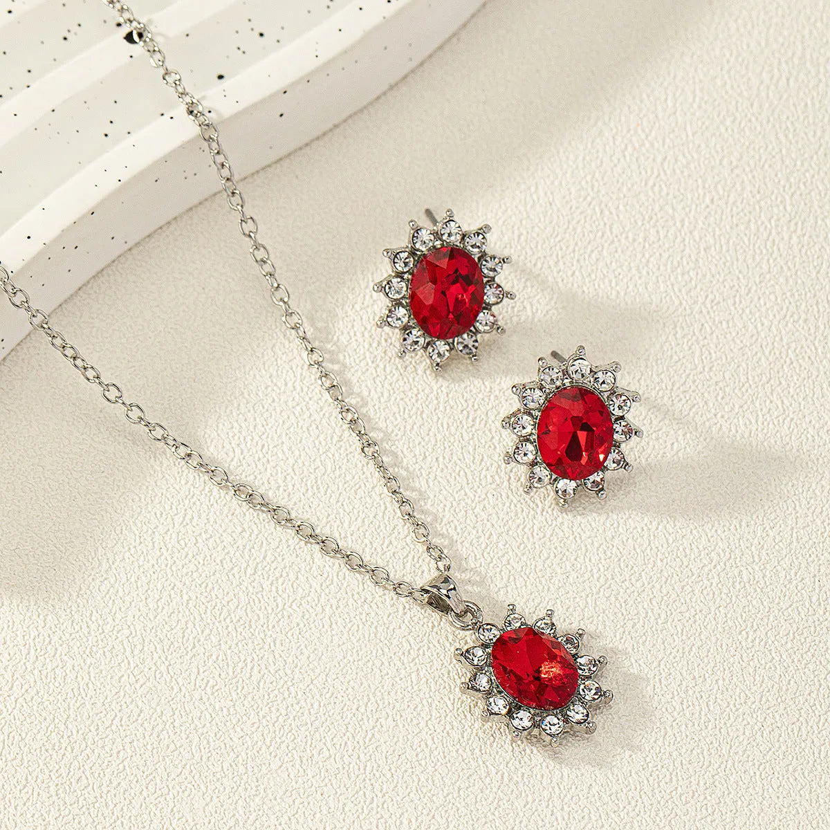Sunflower zircon ear stud and necklace set for women in electroplated alloy with ellipse design elements