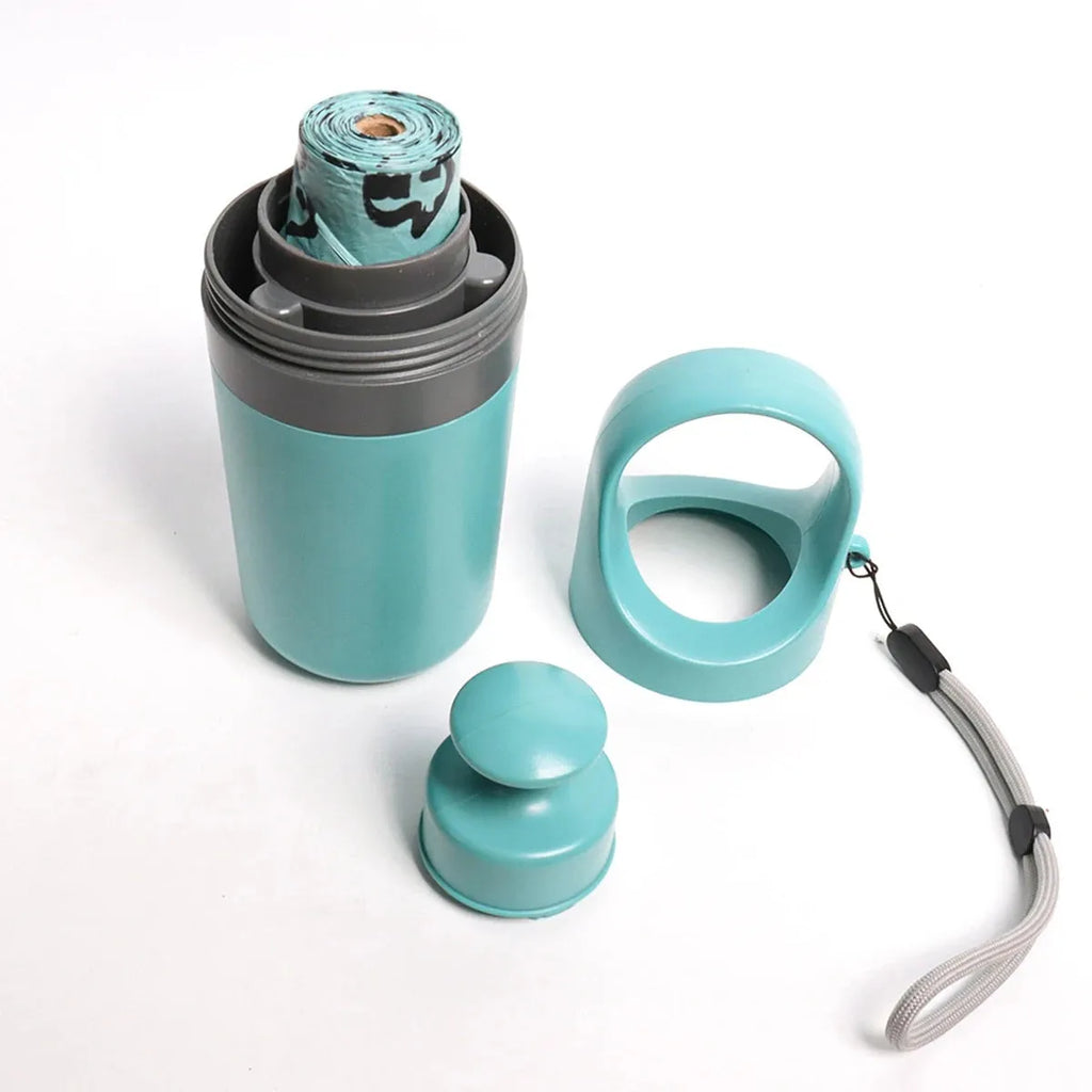 Blue pet pooper scooper with claw design and integrated garbage bag dispenser