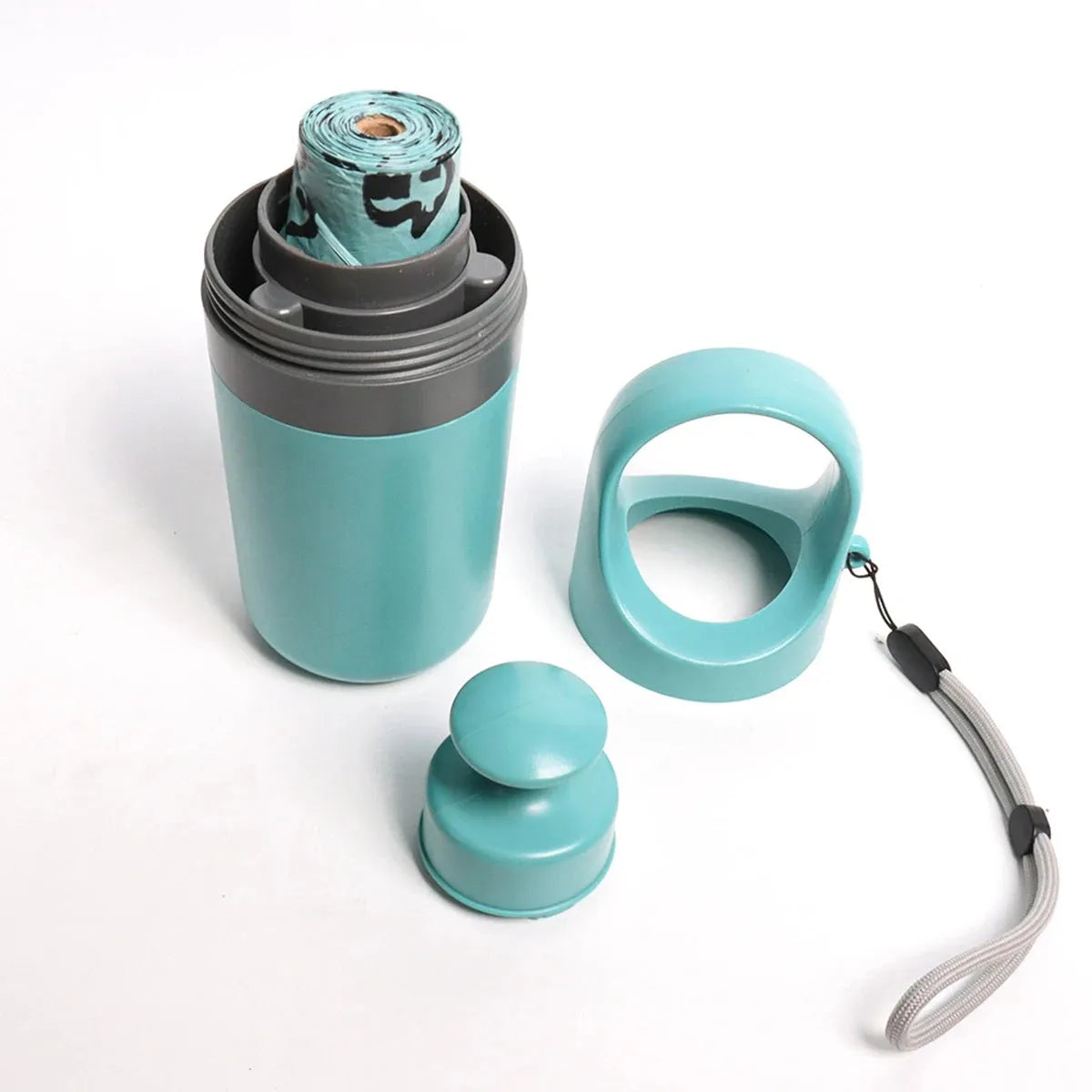 Blue pet pooper scooper with claw design and integrated garbage bag dispenser